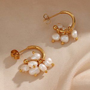 Freshwater Pearl C Hoop 18K Gold Plated‎ Earrings Stainless Steel